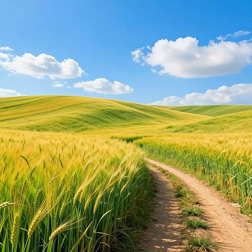 Bright photograph of a sunny, green and yellow grassy hillside with a narrow dirt path winding through, under a vivid blue sky with fluffy white clouds