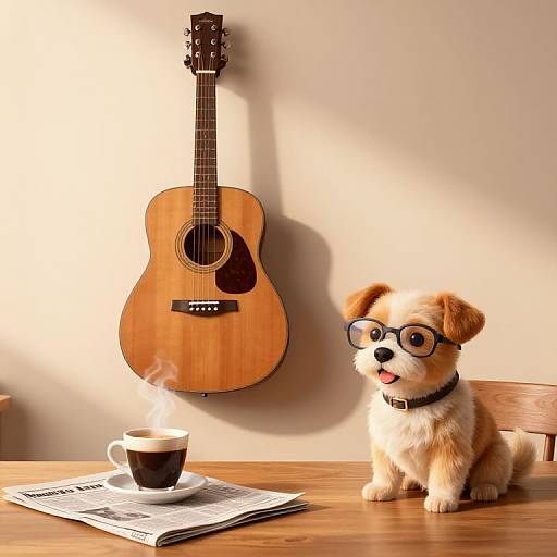Photograph of a cute, small, brown-and-white puppy with glasses, sitting on a wooden table with a coffee cup and newspaper, next to a
