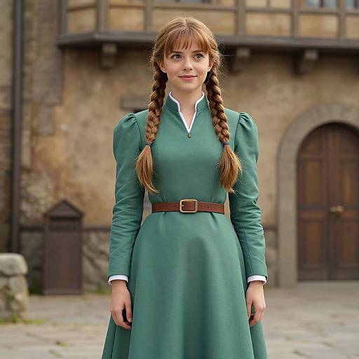 Photorealistic CGI of a young woman with red braided hair, wearing a green, long-sleeved dress with a brown belt, standing in