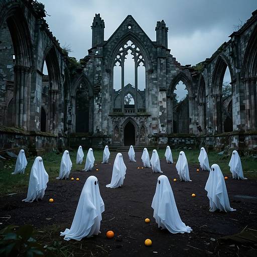 Photograph of ghostly white figures with flowing sheets, floating among orange orbs, in front of a ruined, gothic-style stone cathedral with arched