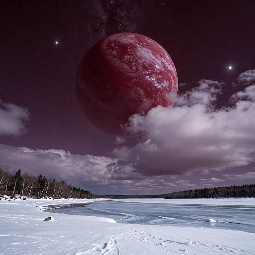 Photograph of a surreal landscape with a giant red moon, starry sky, snow-covered lake, and dark forest under purple twilight.