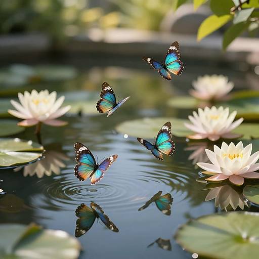Iridescent Butterflies Over Garden Pond