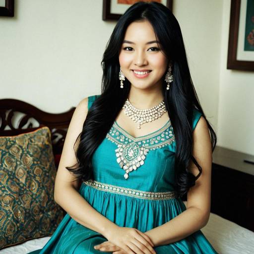 Smiling Asian Woman in Teal Samosa Salwar Frock