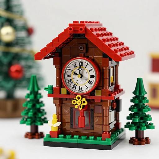 Photograph of a LEGO-style wooden clock house with a red roof, white clock face, yellow flower, and green trees, set against a blurred Christmas
