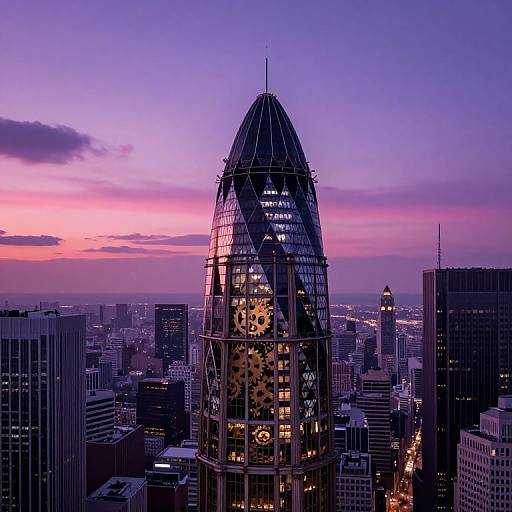 Photograph of a glass skyscraper with a dome-shaped top, illuminated at night, against a purple-pink sunset sky in a bustling city.