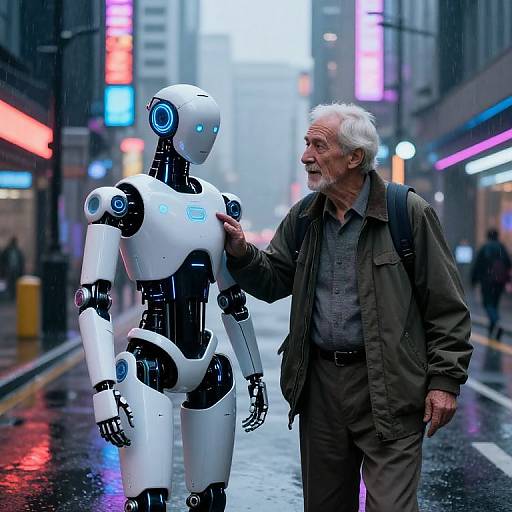 Photograph of an elderly man with white hair, wearing a green jacket, touching a white robot with blue lights on a rainy, neon-lit city