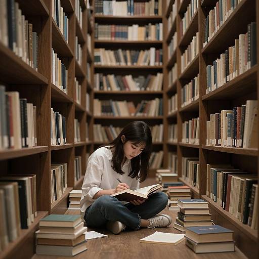 Photograph of a young Asian woman with long black hair, wearing a white blouse and blue jeans, sitting cross-legged among stacked books in a library aisle