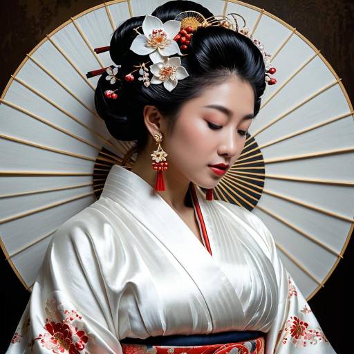 Graceful Japanese Geisha in White Silk Kimono