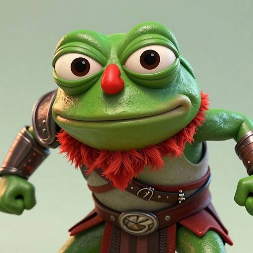 CGI image of a green, cartoon frog with large eyes, red nose, and red fuzzy neck, wearing leather armor and a brown belt, with