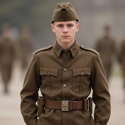Photograph of a young Caucasian male soldier in a brown WWII-era military uniform with a matching cap, standing in a blurred outdoor military setting.