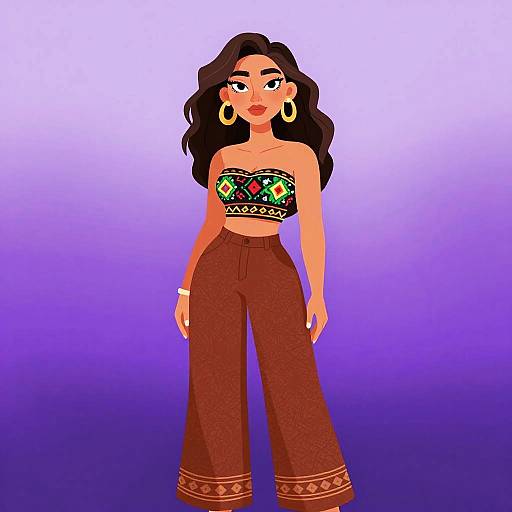 Bohemian Chic Woman in Ethnic Crop Top and Wide-Leg Trousers