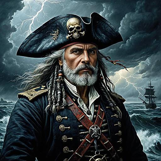 Ancient Sky Pirate Captain in Stormy Sea