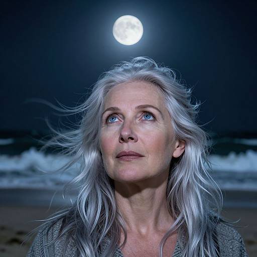 Photograph of a silver-haired woman with blue eyes, looking up at a full moon, standing on a moonlit beach with waves in the background.