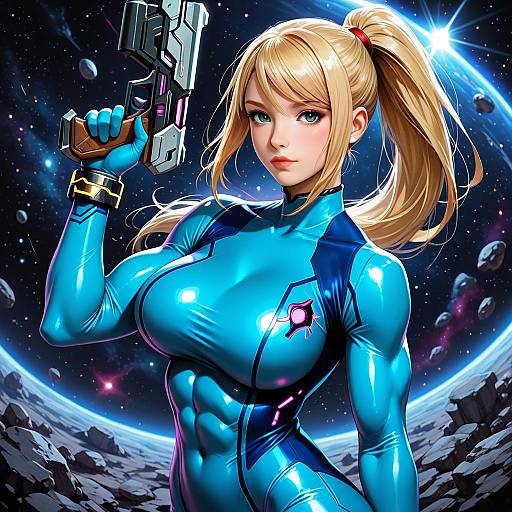 Muscular Female Cowboy in Blue Bodysuit