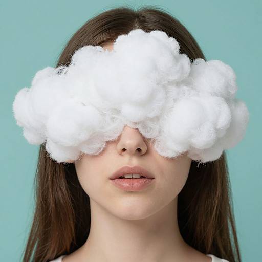 Photograph of a young woman with long dark hair, pale skin, and pink lips, wearing a fluffy white cloud covering her eyes, against a solid