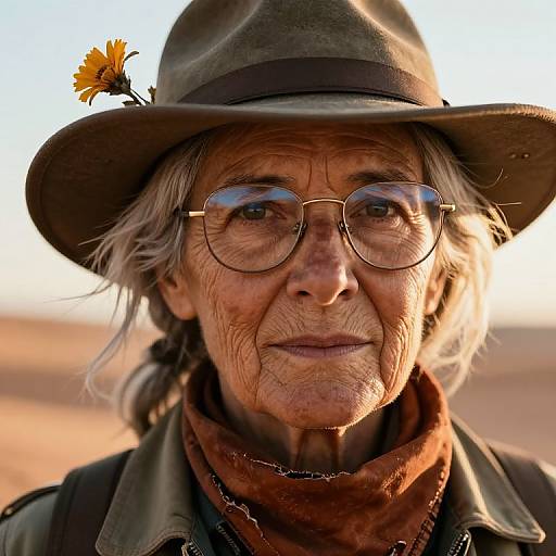 Photograph of an elderly woman with wrinkled skin, wearing round glasses, a brown hat with a yellow flower, and a red scarf, against a
