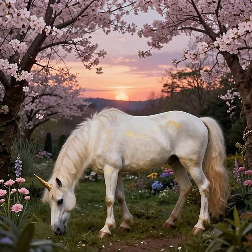 Photograph of a white unicorn with a golden mane grazing under pink cherry blossoms at sunset, surrounded by colorful flowers and greenery.