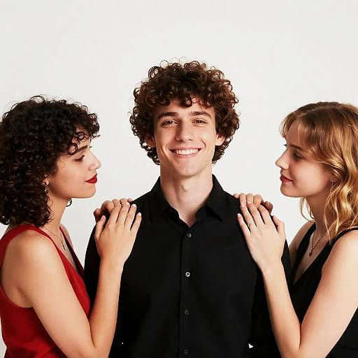 Smiling Trio: A Portrait in Black and Red