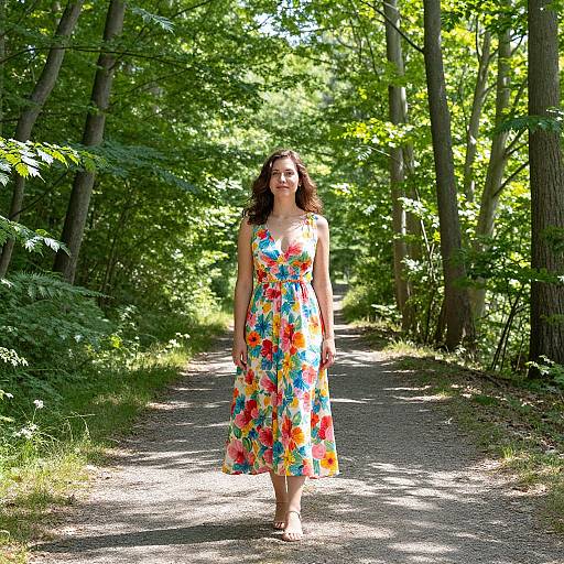 Woman in Floral Dress on Forest Path