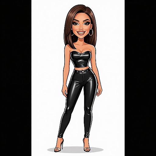Digital drawing of a smiling woman with straight brown hair, wearing a black leather strapless top and matching high-waisted pants, large hoop earrings,
