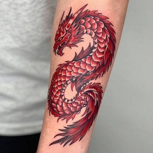 Photograph of a red and black dragon tattoo with scales and spines, coiled on a person's forearm, wearing a white shirt.