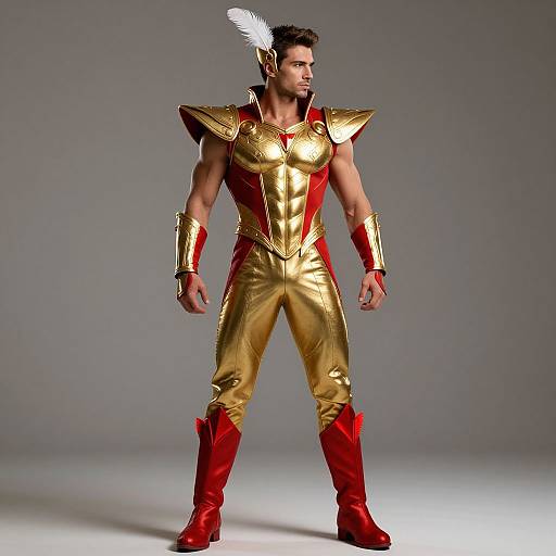Photograph of a muscular man in a golden and red fantasy warrior costume with shoulder armor, feathered headpiece, and red boots.
