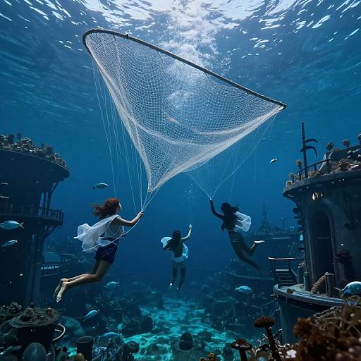Photograph of three divers underwater, holding large fishing nets, surrounded by coral reefs and marine life, with sunlight filtering from above.