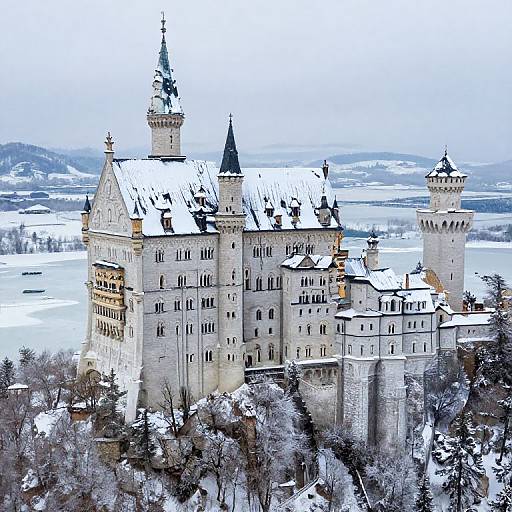 Photograph of Neuschwanstein Castle, snow-covered, with snow-dusted roofs and spires, surrounded by a winter landscape of snow-covered trees