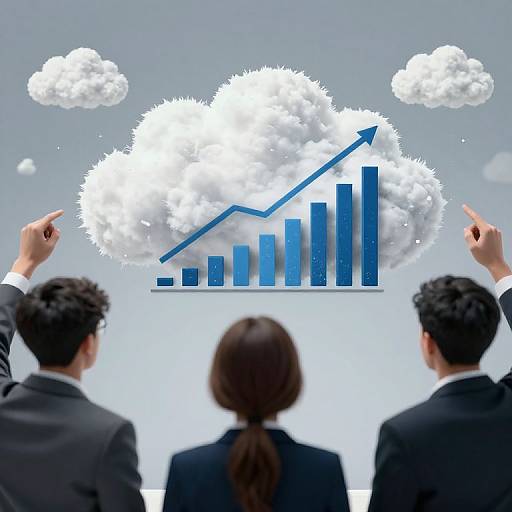 Photograph of three business professionals, from behind, pointing at a blue bar graph superimposed on a white cloud in a blue sky.