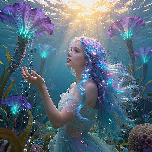 Photorealistic digital artwork of a mermaid with glowing purple-blue hair, holding bioluminescent seaweed, surrounded by underwater purple sea fans,