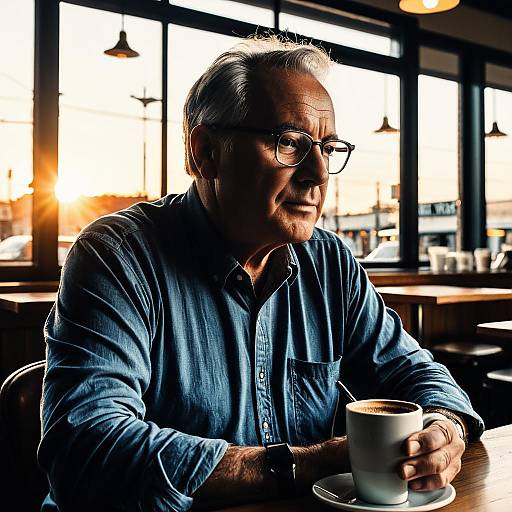 Middle-aged man drinking coffee at sunrise