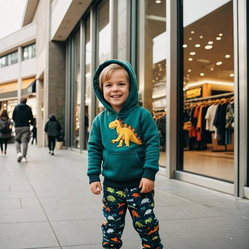 Smiling toddler boy in dinosaur hoodie near urban shopping mall