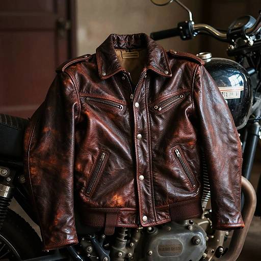 Photograph of a worn, dark brown leather biker jacket with silver buttons and pockets, draped over a vintage black motorcycle engine.