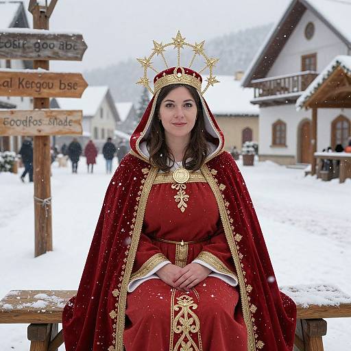Photograph of a fair-skinned woman with dark brown hair, wearing a red and gold royal regalia with a star-crowned hood, seated on