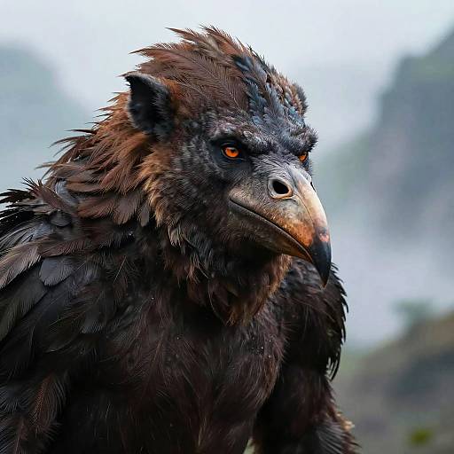 Photorealistic digital painting of a fierce, dark-feathered bird-like creature with intense orange eyes and a prominent, orange-tinted beak