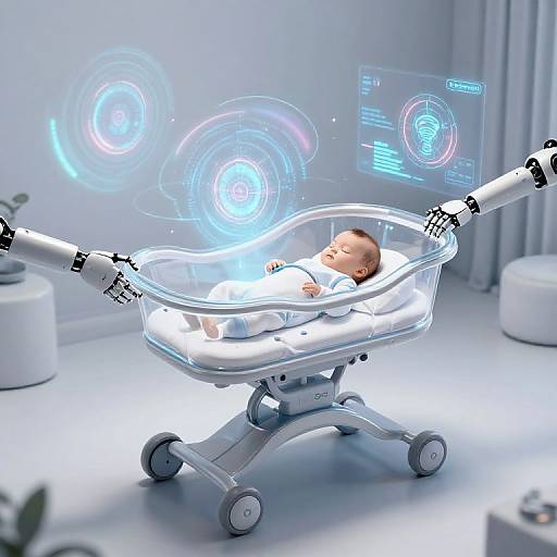 Photograph of a baby in a futuristic, glowing, white, robotic baby seat with outstretched arms, surrounded by holographic blue and pink lights