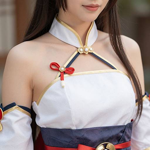 Photograph of an Asian woman with long black hair, wearing a white and navy cosplay outfit with gold trim, red ribbons, and a halter