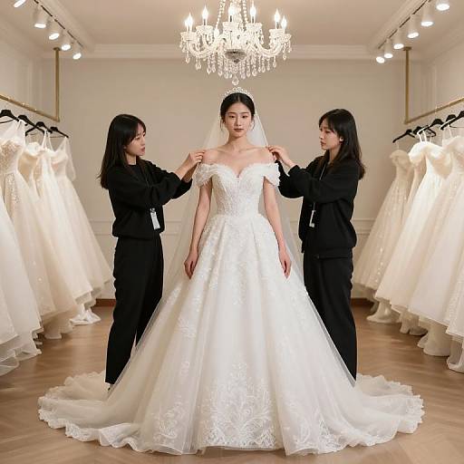 Photograph of an East Asian bride in a white lace wedding dress, flanked by two black-clad assistants, in a brightly lit bridal boutique with