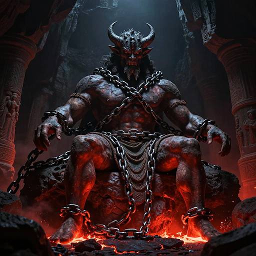 Digital artwork of a muscular, dark-skinned demon with horns, chains, and glowing red eyes, seated on a fiery throne in a dark, go