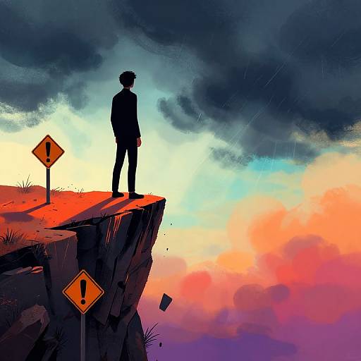 Silhouetted person stands on cliff edge, back to viewer, against vibrant sunset and stormy sky, with warning signs on jagged edge.