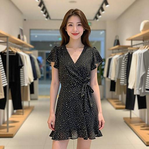 Photograph of a smiling Asian woman with straight brown hair, wearing a black polka dot dress, standing in a brightly lit clothing store with wooden racks