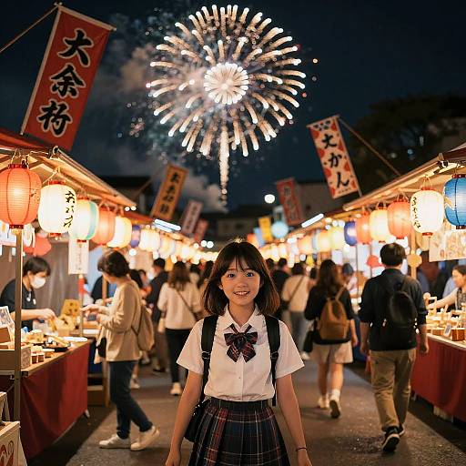 Photograph of a Japanese schoolgirl in a plaid skirt and bowtie at a nighttime festival, illuminated by fireworks and lanterns.