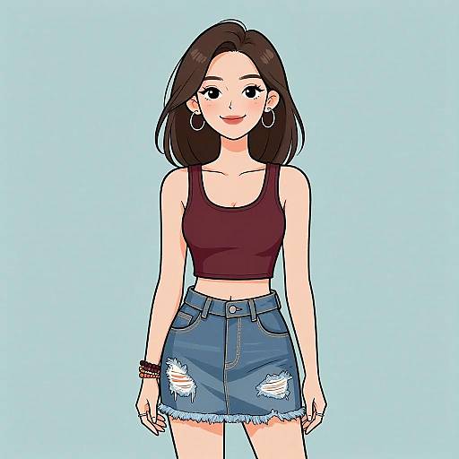 Digital anime-style illustration of a cute, young Asian woman with straight black hair, wearing a red tank top, blue distressed denim skirt, and hoop earrings