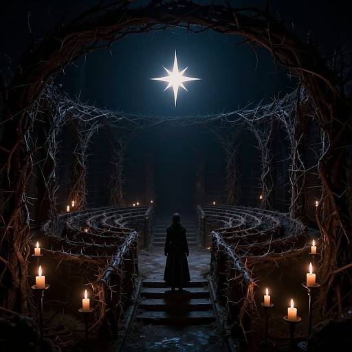 Photograph of a silhouette figure in a long coat standing on a candlelit, arched, vine-covered staircase under a bright star.