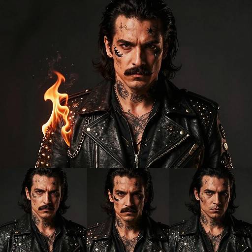 Photograph of a dark-haired man with a mustache, black leather jacket, tattoos, and fire on his shoulder, shown in three intense, shadow