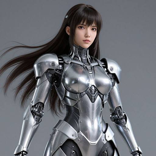 CGI image of an Asian woman with long black hair wearing sleek, silver, futuristic armor, standing against a gray background.