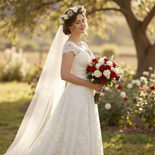 Bride in White Dress with Floral Crown and Bouquet