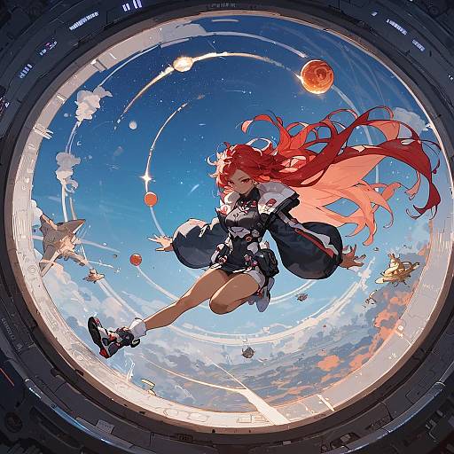 Digital anime artwork of a red-haired girl with long flowing hair, wearing a black and white outfit, leaping through a circular space portal with stars,