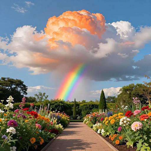 Photograph of a vibrant garden path lined with colorful flowers, under a bright blue sky with a large orange cloud and rainbow.