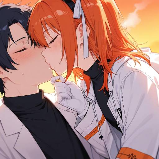 Anime Couple Sharing a Tender Kiss at Sunset